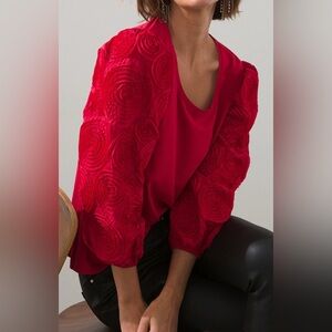 Chico’s Red Rose Appliqué Puff Balloon Sleeve Blouse size 1 (M)